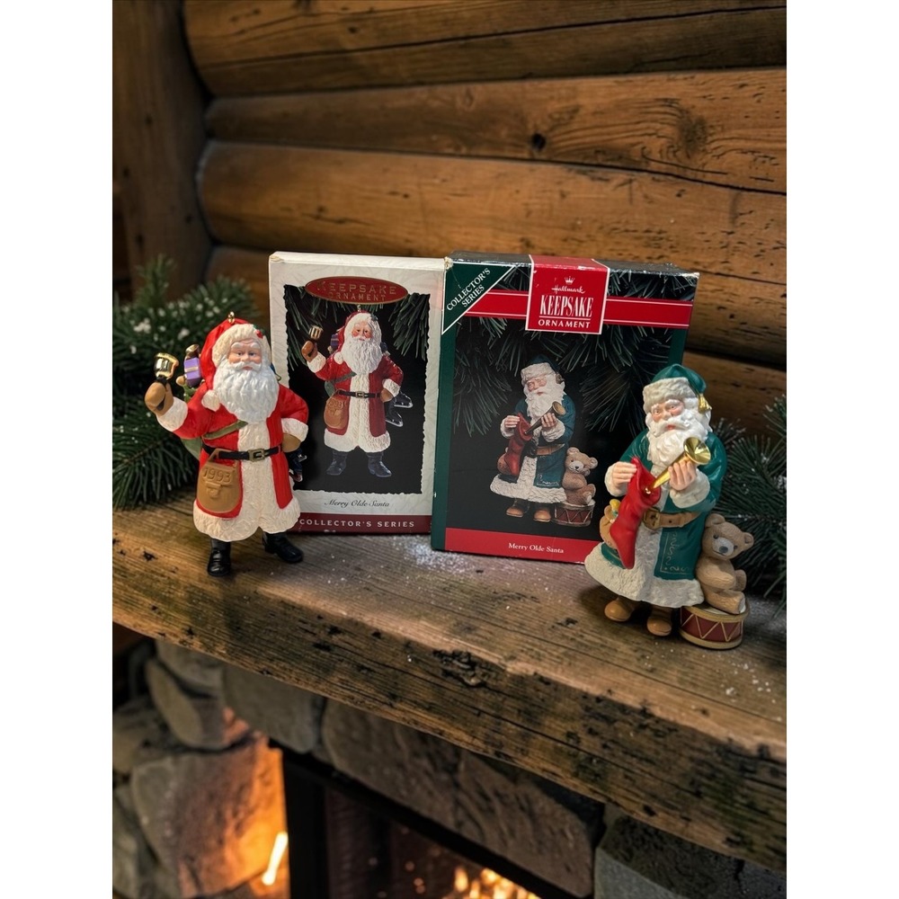 Set of 2 Hallmark Merry Olde Santa Ornaments 1992 1993 Red Green w/Boxes
